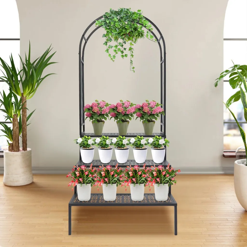 Support pour plantes à étages avec arche décorative en métal inoxydable