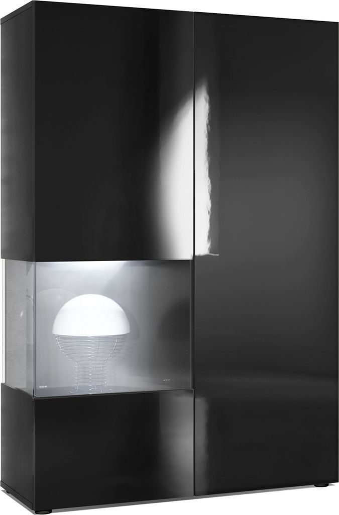 Vladon Vitrine Kommode Hochschrank Morena, Germany, Korpus in Schwarz matt / Rechte Tür und der Einsatz in Schwarz Hochglanz, inkl. LED Beleuchtung