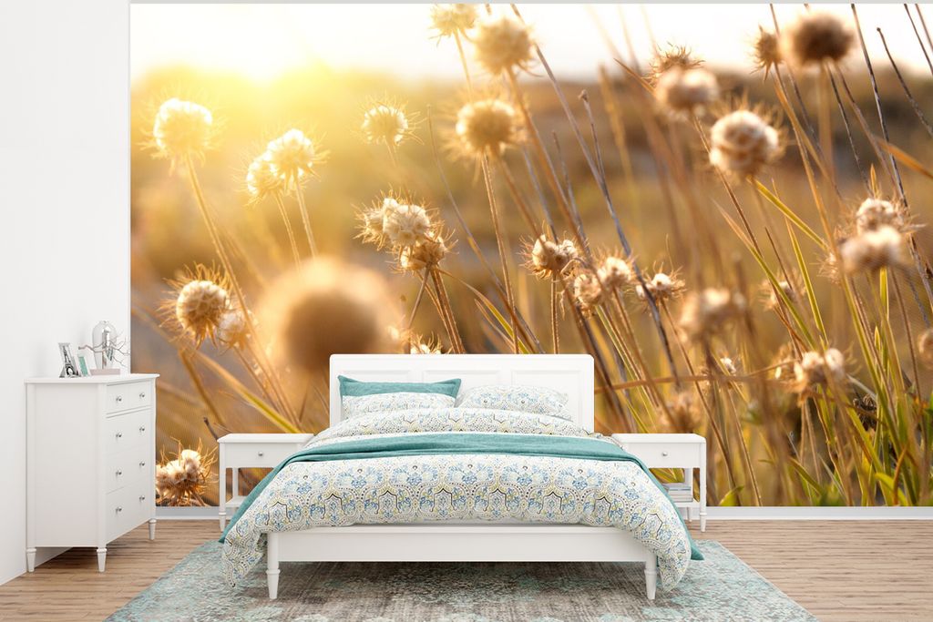 MuchoWow Fototapete für Wohnzimmer oder Schlafzimmer Wandtapete Vinyl Motivtapete Pflanzen - Natur - Blumen - Sonne - Horizont - 295x220 cm - Wa...