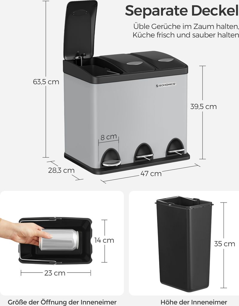 SONGMICS Mülleimer Küche, 3 x 8 Liter, Mülltrennsystem 3 Produktbild 7