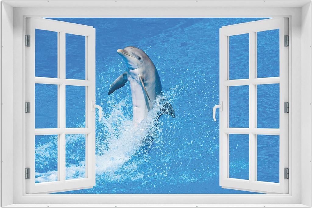 Wallario Wandbild mit Fenster-Illusion: Fröhlicher Delfin Produktbild 