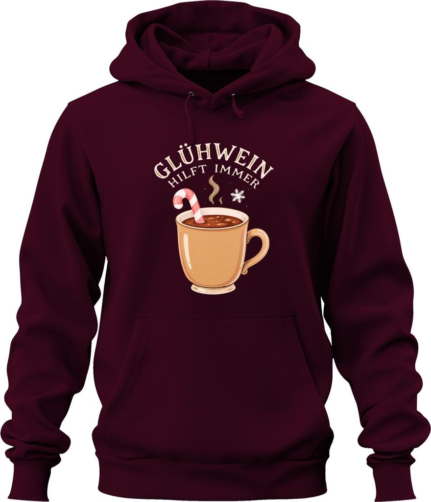 Glühwein hilft immer Weihnachtsmarkt Winter Geschenk Zuckerstange Uni Hoodie Kapuzenpullover, Burgundy, S