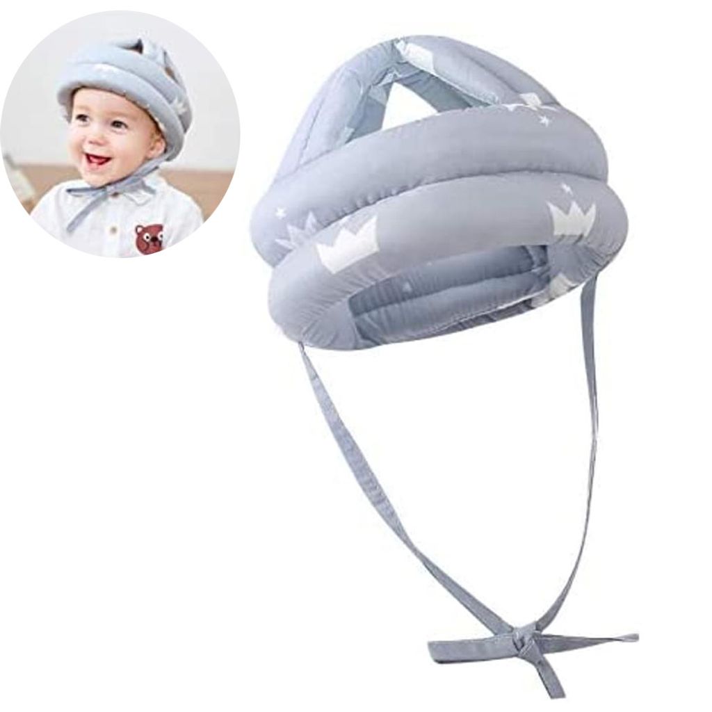A baby wearing a protective helmet, with a close-up of the helmet itself.