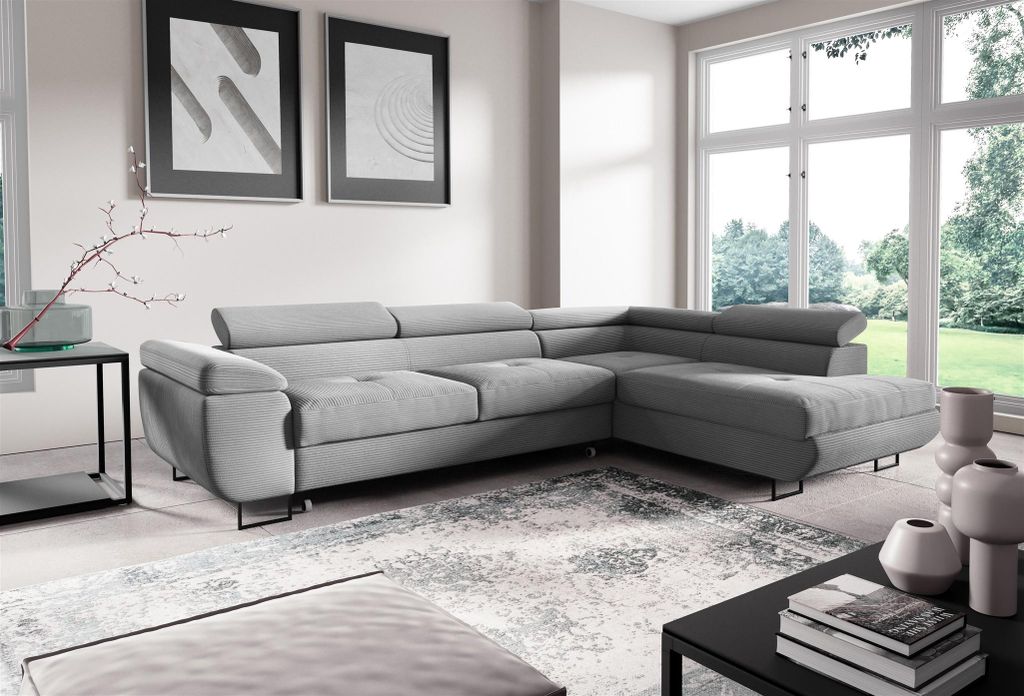 Ecksofa mit Schlaffunktion DECLAN Stoff Poso Hellgrau Ottomane Links