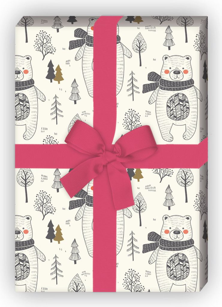 Nettes Winter Weihnachts Geschenkpapier Set mit Bär im Wald - G11847, 32 x 48cm