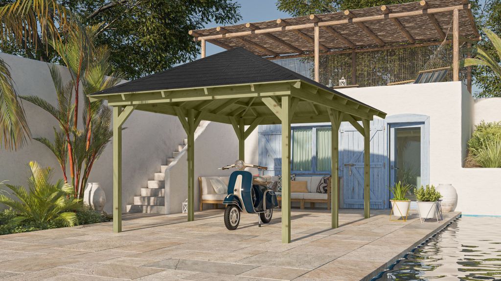 Pavillon Holz Gartenpavillon Gartenlaube Perida im Set mit Schindeln kesseldruckimprägniert 289x429x296 cm