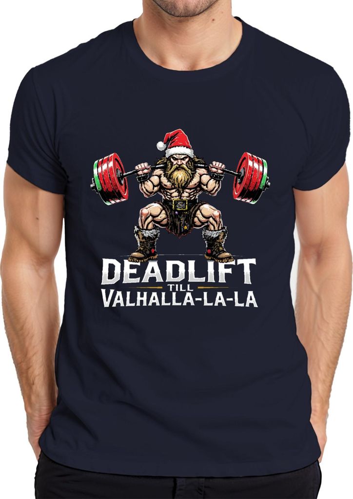 Deadlift Till Valhalla La La Wikinger Bart Kreuzheben Weihnachten Herren T-Shirt, Navy, XXL