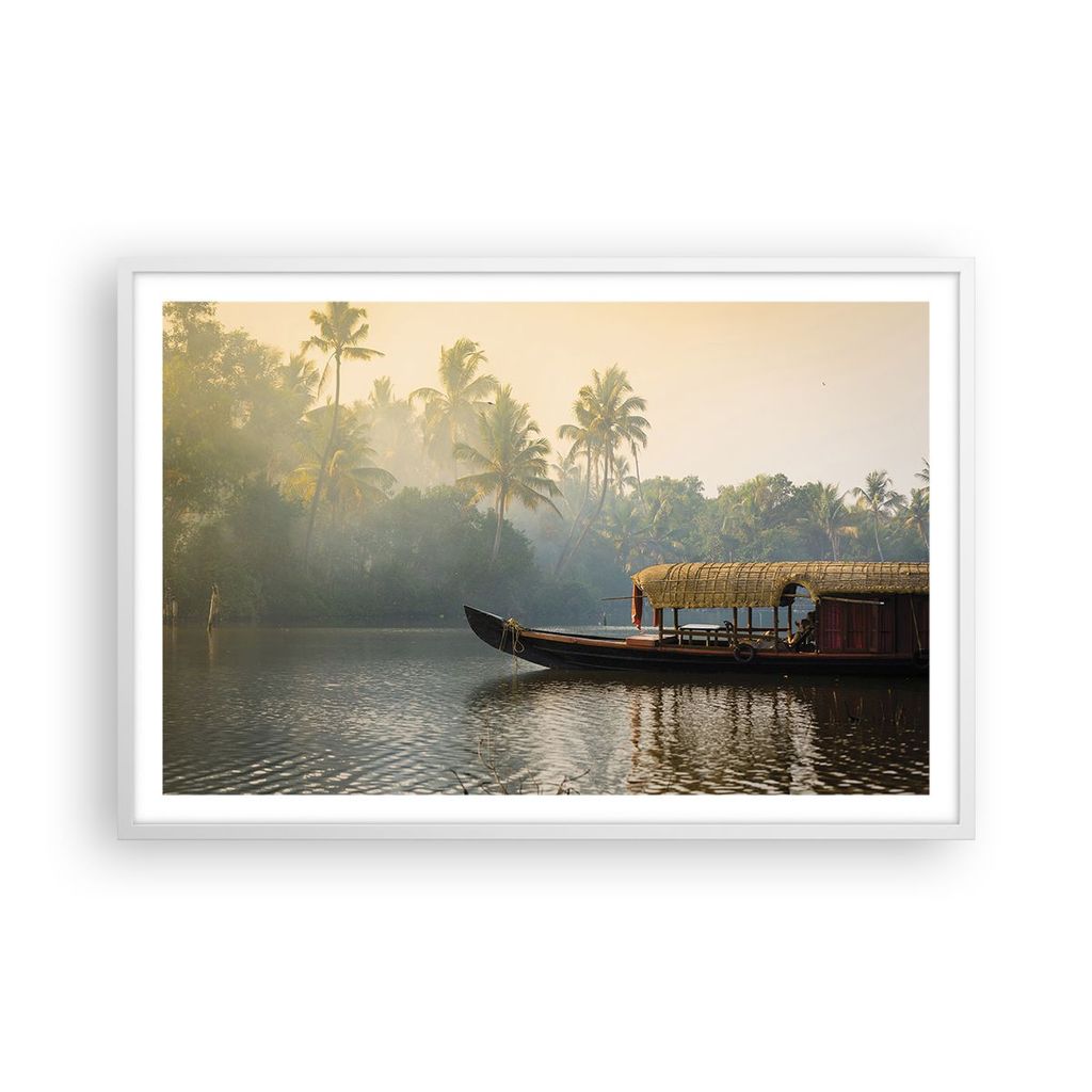 Gerahmtes Poster - Weißer Rahmen - Indien Boot Fluss - 91,5x61 cm - Wand Bild - Wanddeko - Wandbilder - Kunstposter - Wandposter - Bilderrahmen - ...