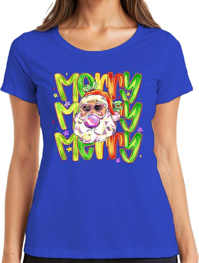 Merry Merry Weihnachtsmann Bubblegum Herzbrille bunt Retro Damen T-Shirt, Blau, S