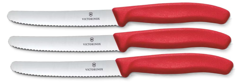 Victorinox Tafelmesser Swiss Classic | 3 Stück | Rot | Swiss Made | scharfe Edelstahlklinge | ideales Frühstücksmesser & Allzweckmesser