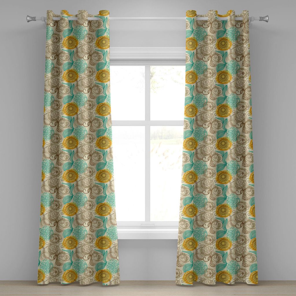 ABAKUHAUS Blumen Ösenvorhang, Altmodische Zusammensetzung mit abstrakten Gartennelken zeichnet das künstlerische Blätter, Dekorative 2-Panel-Fen...