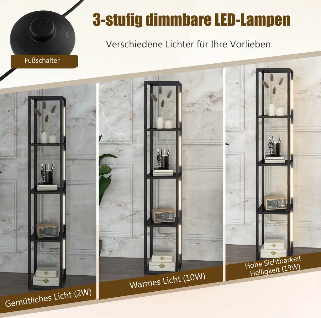 COSTWAY Lampadaire Étagère 163 cm avec LED Dimmable et Étagères Noires