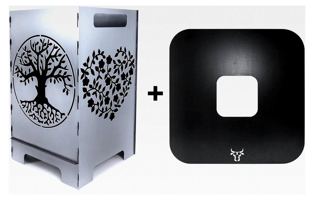 Feuertonne Grill-Set | Steckbarer Feuerkorb mit Feuerplatte | Grillplatte in Herzform