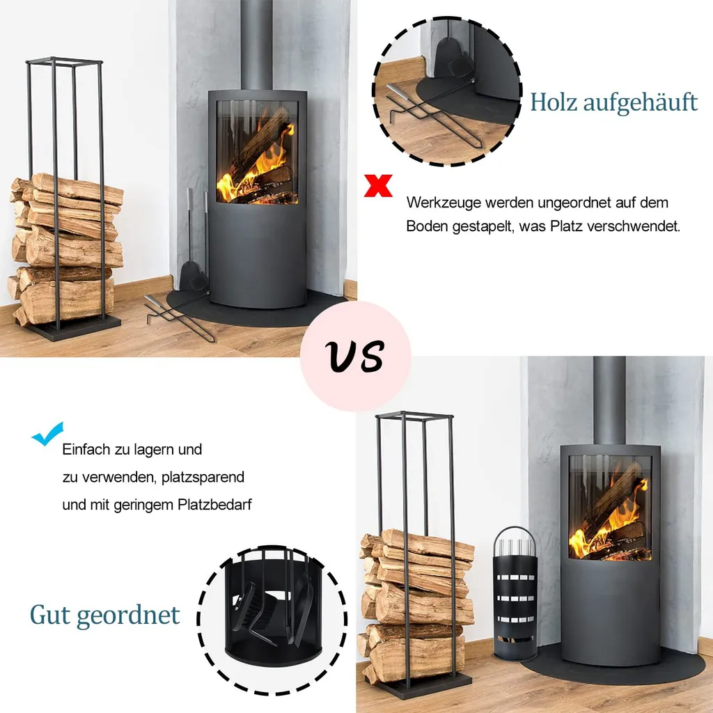 Kit Accessoires Cheminée Moderne 5 Pièces avec Support en Acier Noir