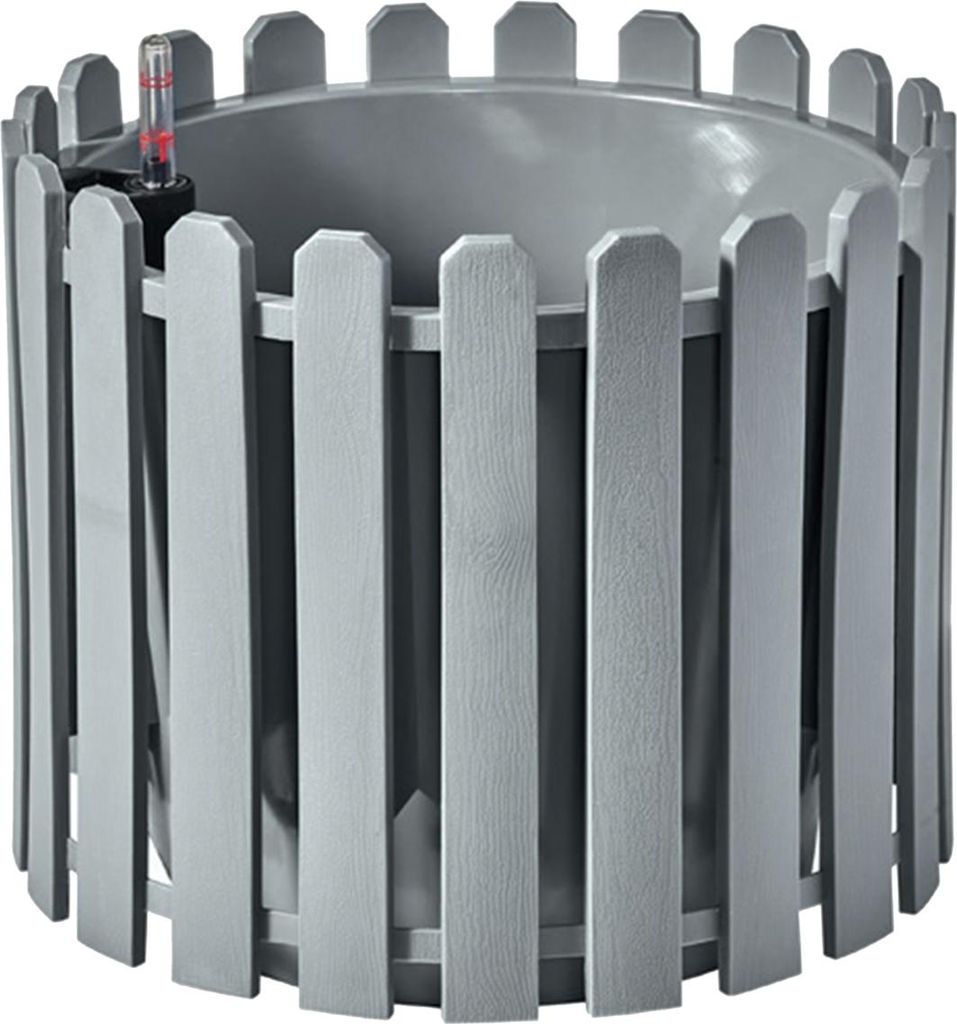 A gray planter with a decorative fence-like outer layer and a water level indicator.