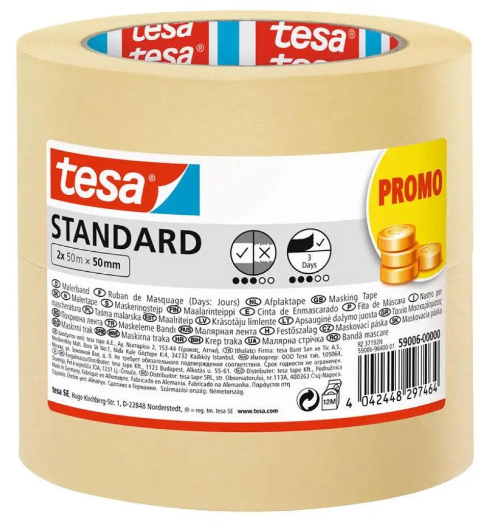Tesa Abdeckband standard Malerabdeckband 50mx50mm im 2er Pack