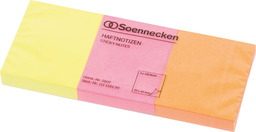 Soennecken Haftnotizen 50x40mm Neonfarben 3 x 100 Blatt, Rechteck, Mehrfarbig, Papier, 400 mm, 500 mm, 100 Blätter