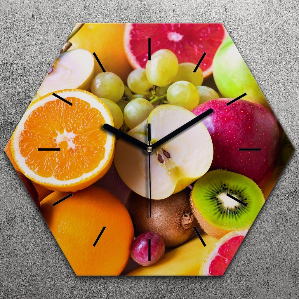 Uhr hexagonal 40 cm Glas Geräuschlos schwarze Zeiger - Farblich Früchte