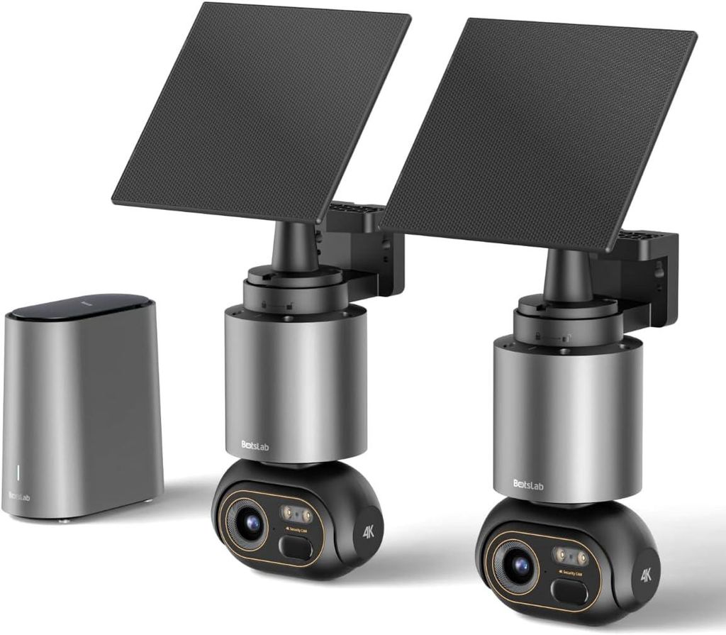 BOTSLAB 4K Überwachungskamera Aussen Solar Akku, 2 Cam-Kit mit HomeBase, 32GB Lokaler Speicher, Keine Gebühren, 360°Panorama WLAN Kamera Outdoor