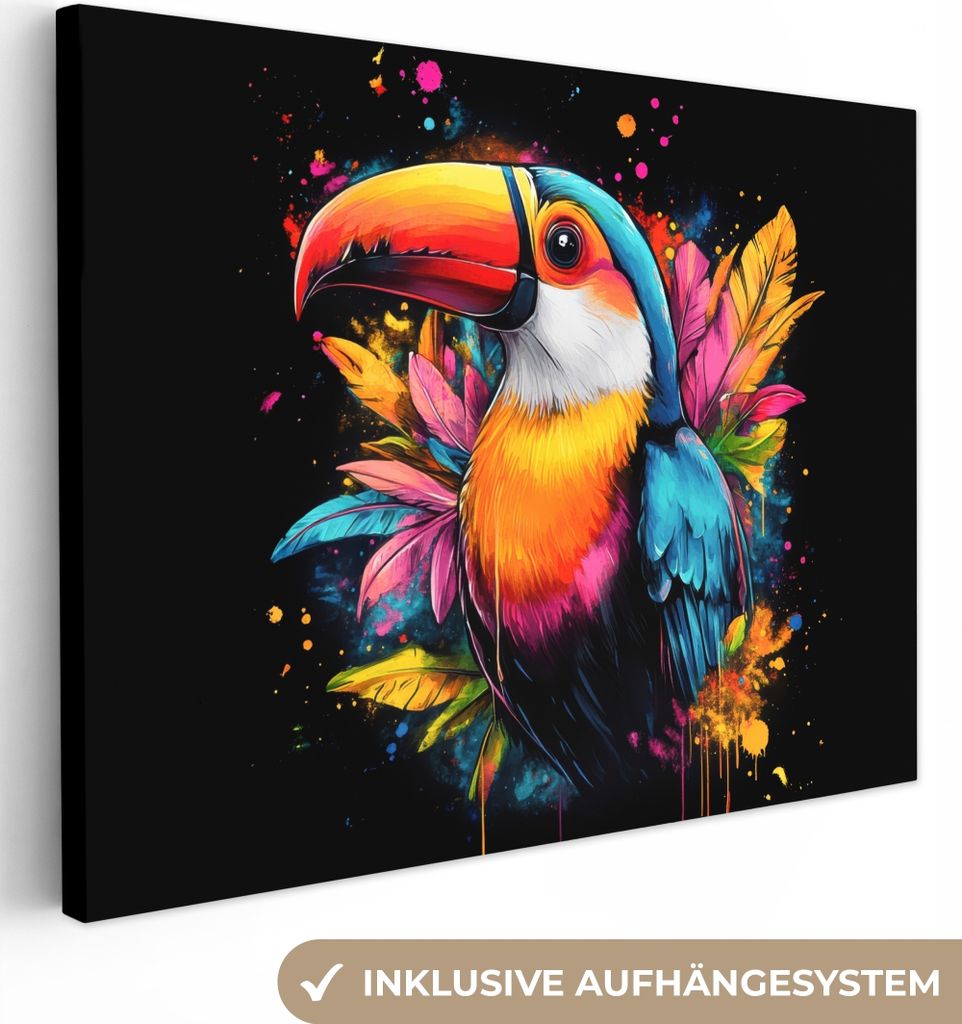 MuchoWow - Leinwandbilder - Graffiti - Vogel - Tukan - Blätter, Wandbild, Wanddeko Bilder Wohnzimmer, 40x30 cm