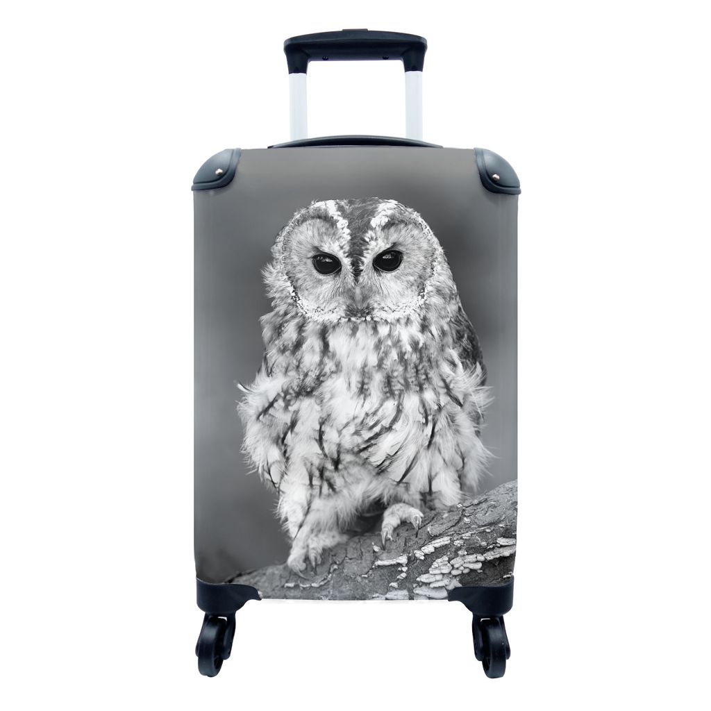 MuchoWow Koffer Handgepäck Trolley Rollkoffer Kleine Reisekoffer mit 4 Rollen - Braune Eule auf einem Baum sitzend - schwarz und weiß - Cabin S...