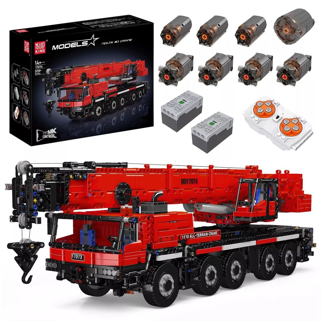 A collage of a large red all-terrain crane toy model, its packaging, and its electronic components.