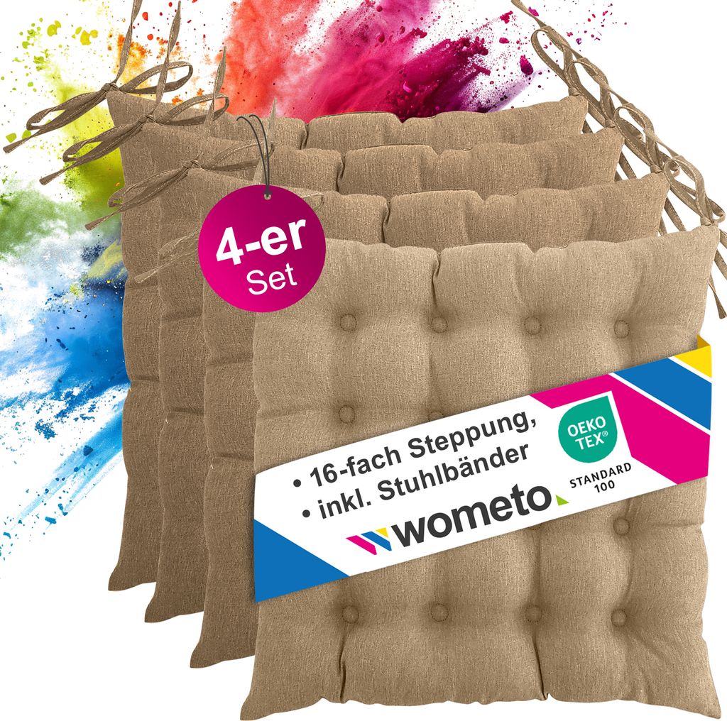 4er Set Sitzkissen Stuhlkissen 40x40 OEKO-TEX - beige Sitzauflage Bank Polster Sitzpolster mit Bändern / Schleife, Indoor / Outdoor