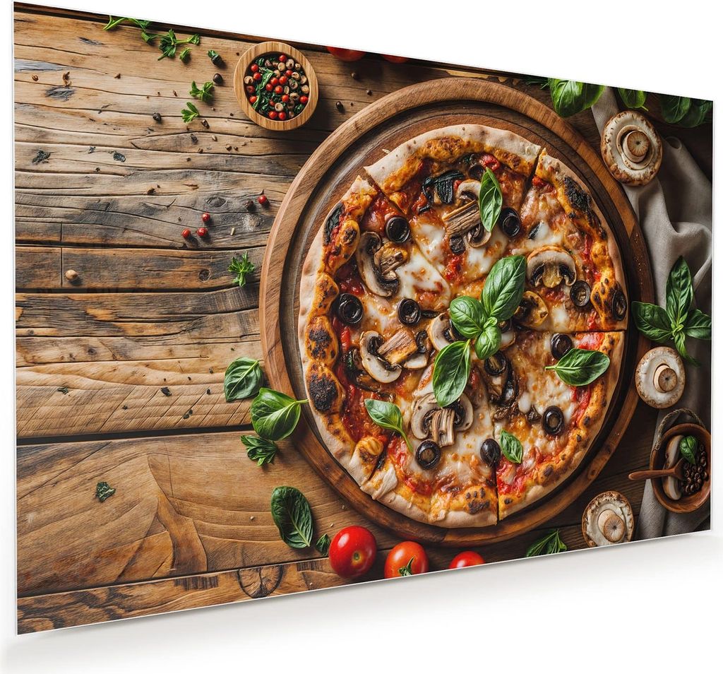 Glasbild 45x30cm in XXL für Wohnzimmer, Schlafzimmer Motiv Holztisch Pizza