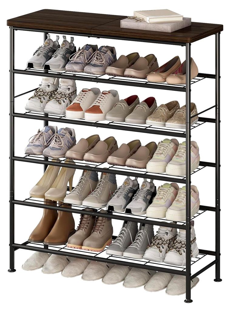 Schuhregal mit 4 Ebenen aus Hochleistungsmetall und MDF-Platte, geeignet für Eingänge, Schränke und Wohnzimmer (Dunkle Holzoptik + Schwarz)