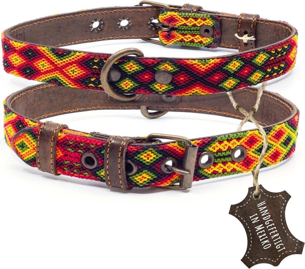 ALTEZAR Feuerrotes Hundehalsband aus Leder Tribal Feuerrot Handgemacht in Mexiko - Größe M