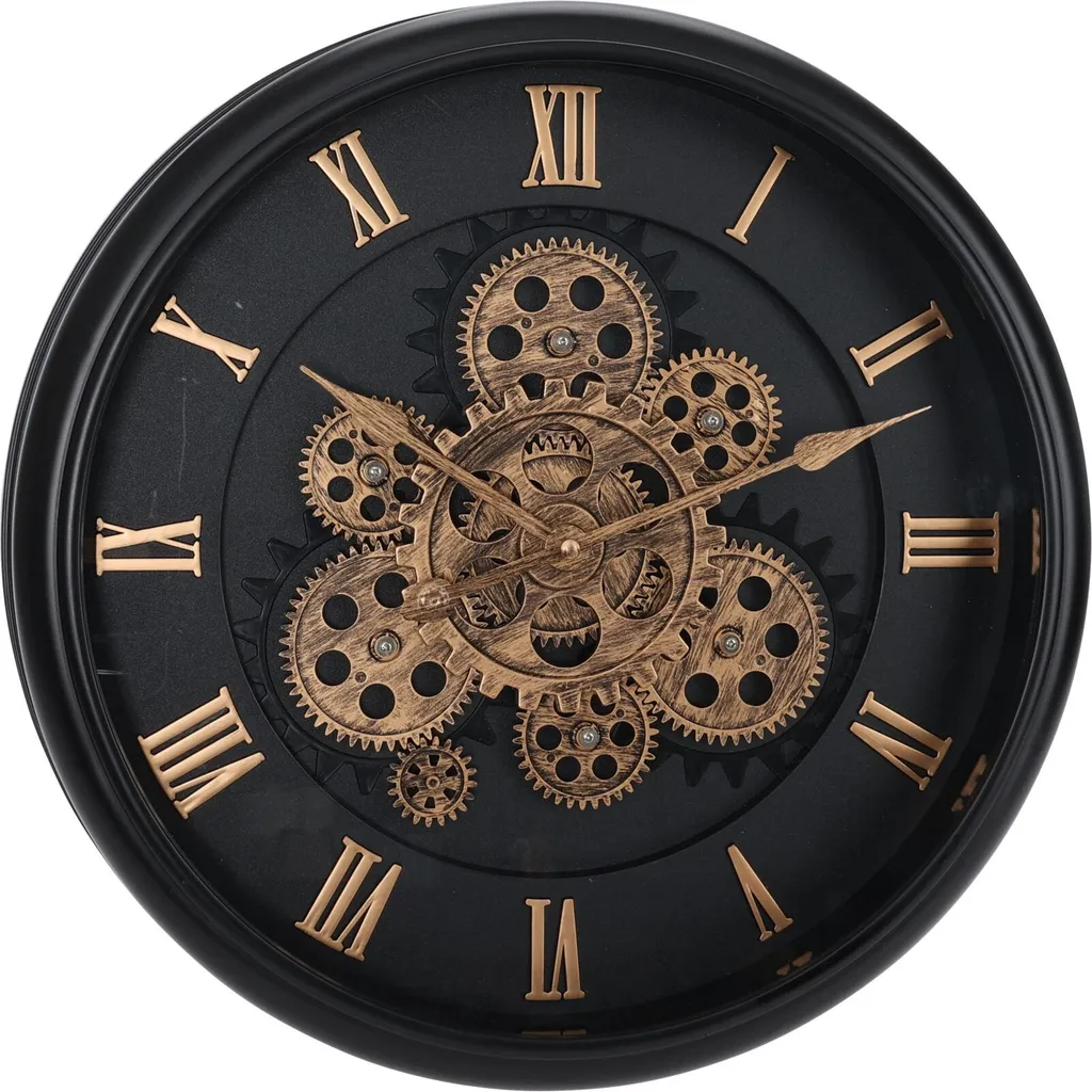 Horloge ronde 38cm noire pour salon, mécanisme rotatif chiffres romains
