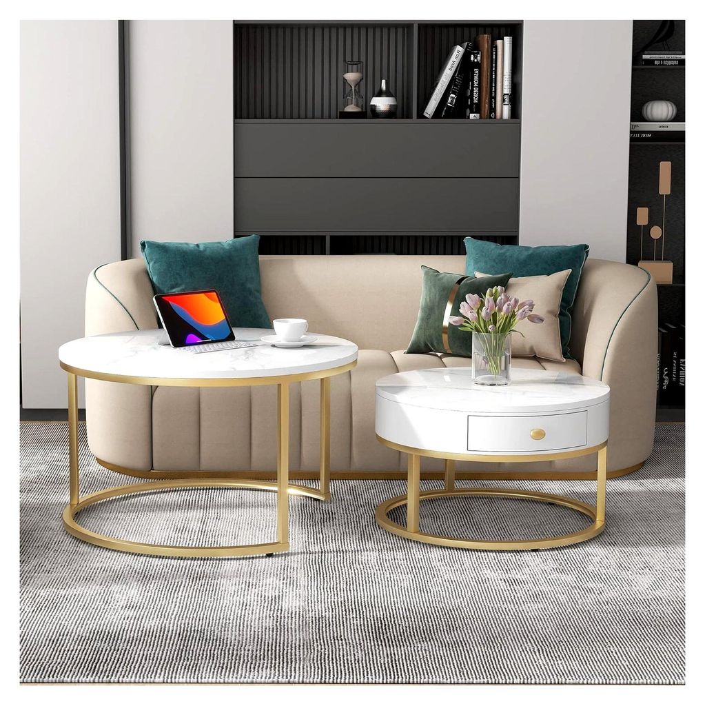 Rundes Couchtisch-Set 2er, Hochglanz, Wohnzimmertisch mit Schublade, Kaffeetisch mit Marmormuster, Goldener Metallrahmen für Wohnzimmer und Balkon...