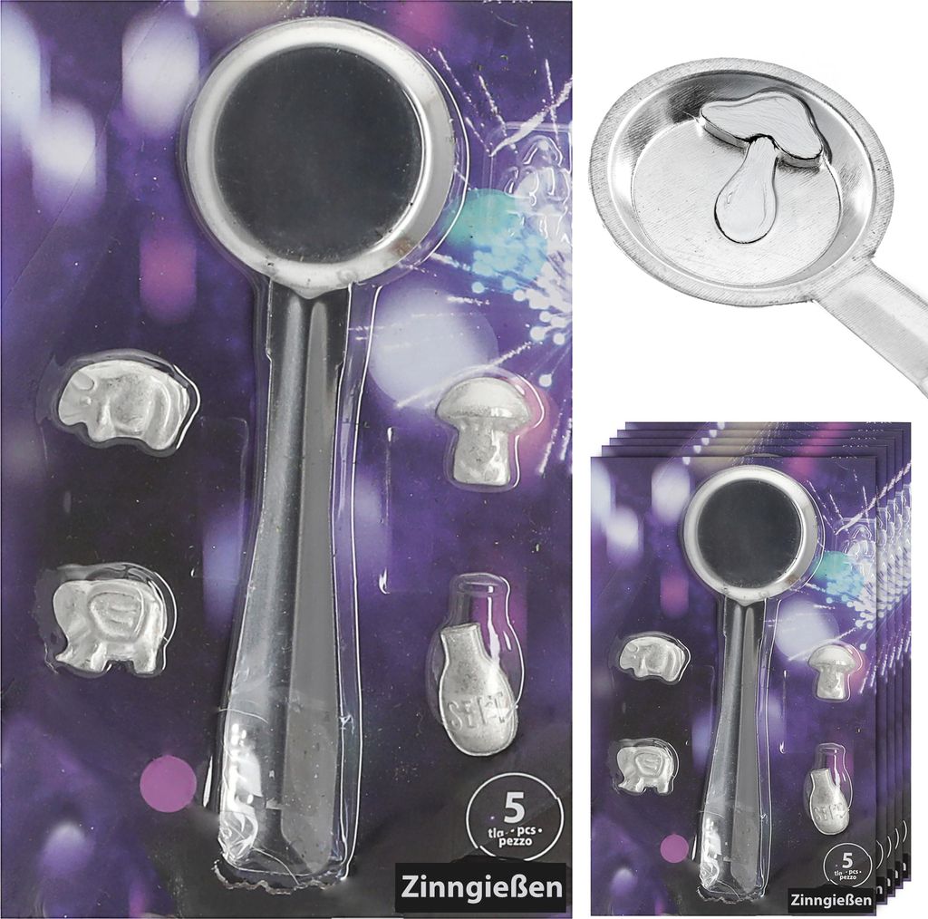 Zinngieß-Set 5tlg. 6er Set Gieß-Löffel 4 Hohlfiguren 13,5x21cm Zinn silberfarben Silvesterbrauch Deutungstabelle Zinngießen