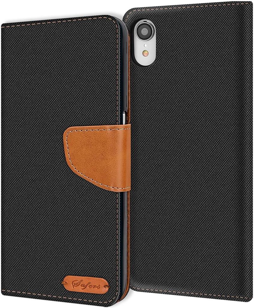 Conie Jeans Style Klapp Tasche für iPhone XR Kartenfach Hülle Rundumschutz in Schwarz