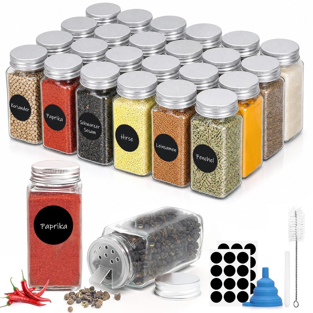 24er Gewürzgläser Eckig Set, Gewürzstreuer Glas mit Produktbild 
