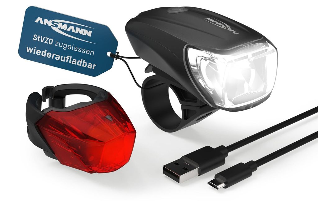 ANSMANN Fahrradlicht Set Akku StVZO zugelassen, Front- und Produktbild 