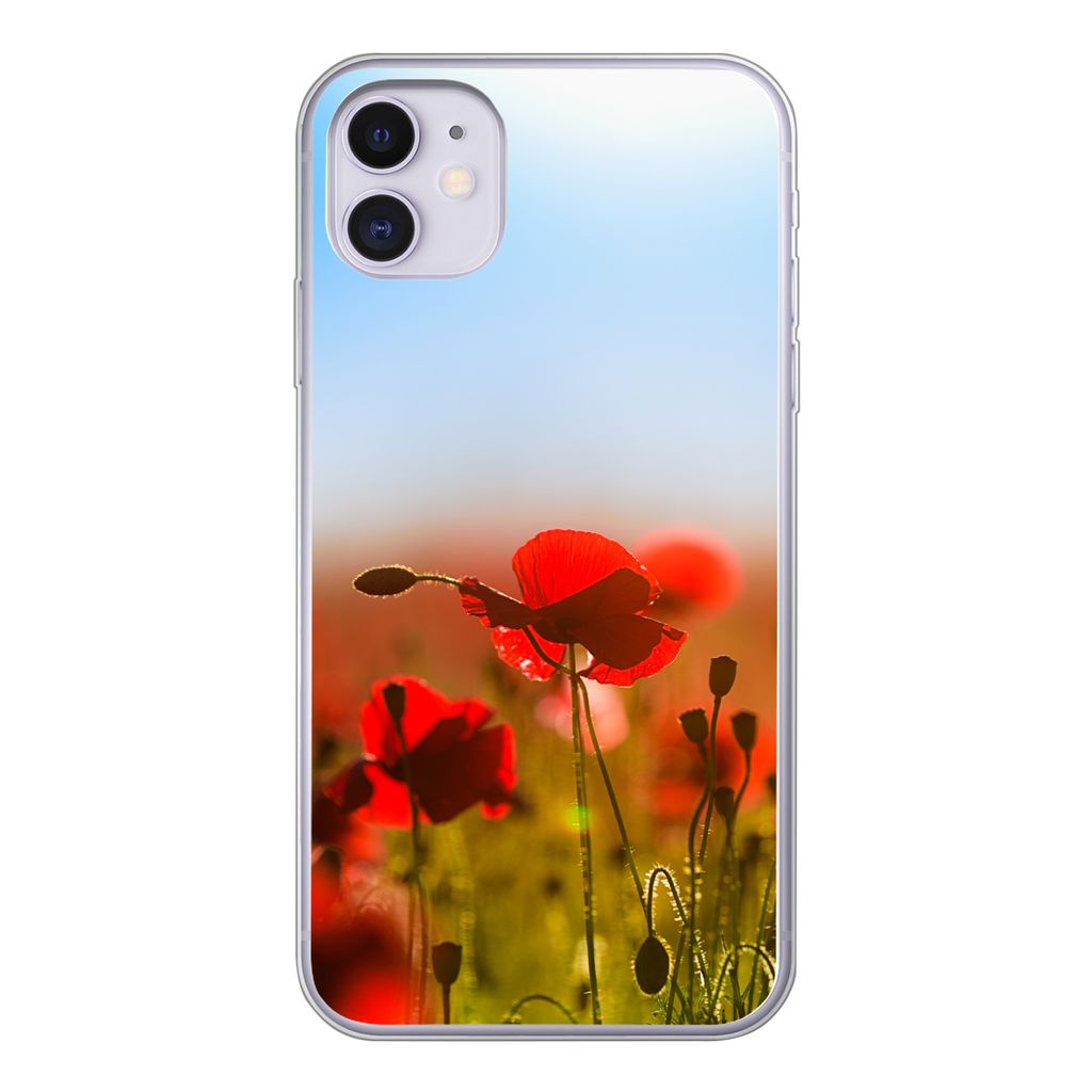 MuchoWow Handyhülle Schutzhülle Hülle für iPhone 11 Mohnblumen unter einem klaren blauen Himmel. Silikon Softcase Handy Hülle - Handytasche