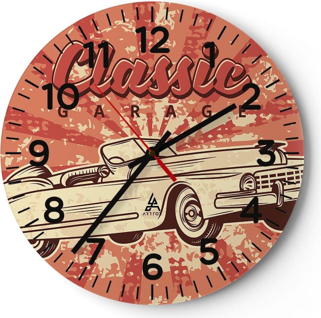 Wanduhr - Rund - Glasuhr - Auto klassisch - 30x30cm - Schleichendes Uhrwerk - Lautlos - zum Aufhängen bereit - Dekoration Modern - Wanddekoration ...
