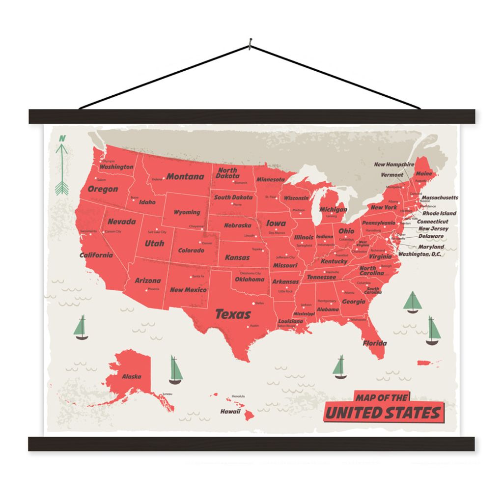 MuchoWow Textilposter Bunte Karte US vintage style 120x90 cm mit schwarzem Rahmen - Aufhänger für Poster