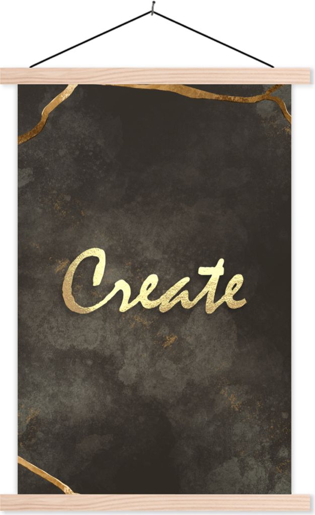 MuchoWow Textilposter Zitat - Kreativ - Gold - Schwarz 120x180 cm mit holzfarbenen Rahmen - Textil-Plakat