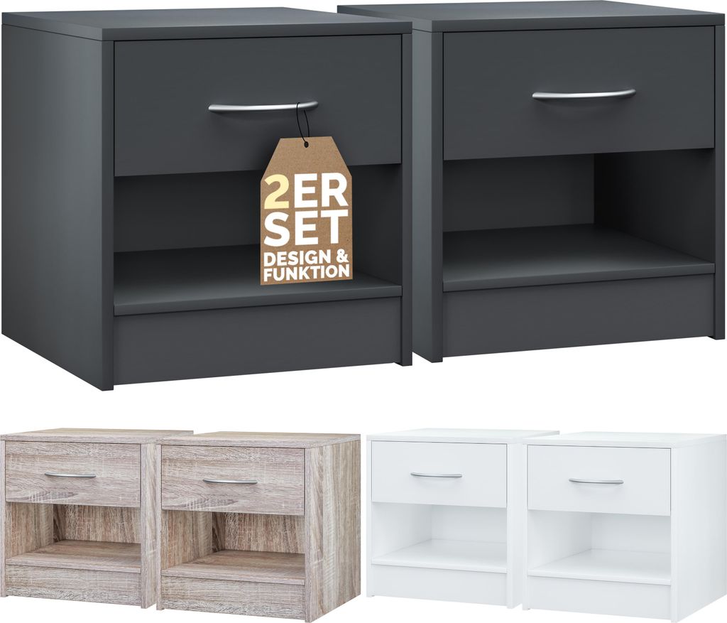 CASARIA® Nachttisch 2er Set Anthrazit mit Schublade & Produktbild 