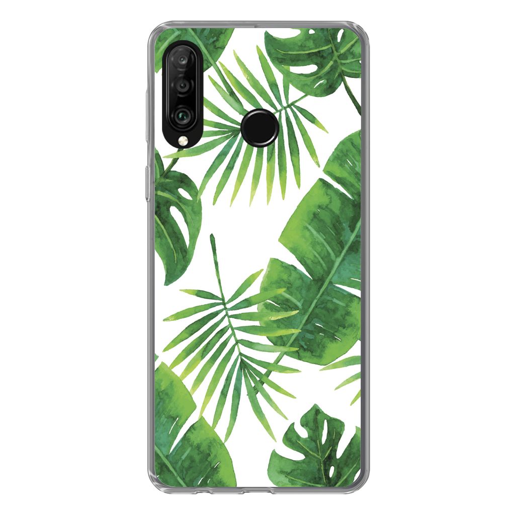 MuchoWow Handyhülle Schutzhülle Hülle für Huawei P30 Lite Tropisch - Blätter - Muster Silikon Softcase Handy Hülle - Handyhülle