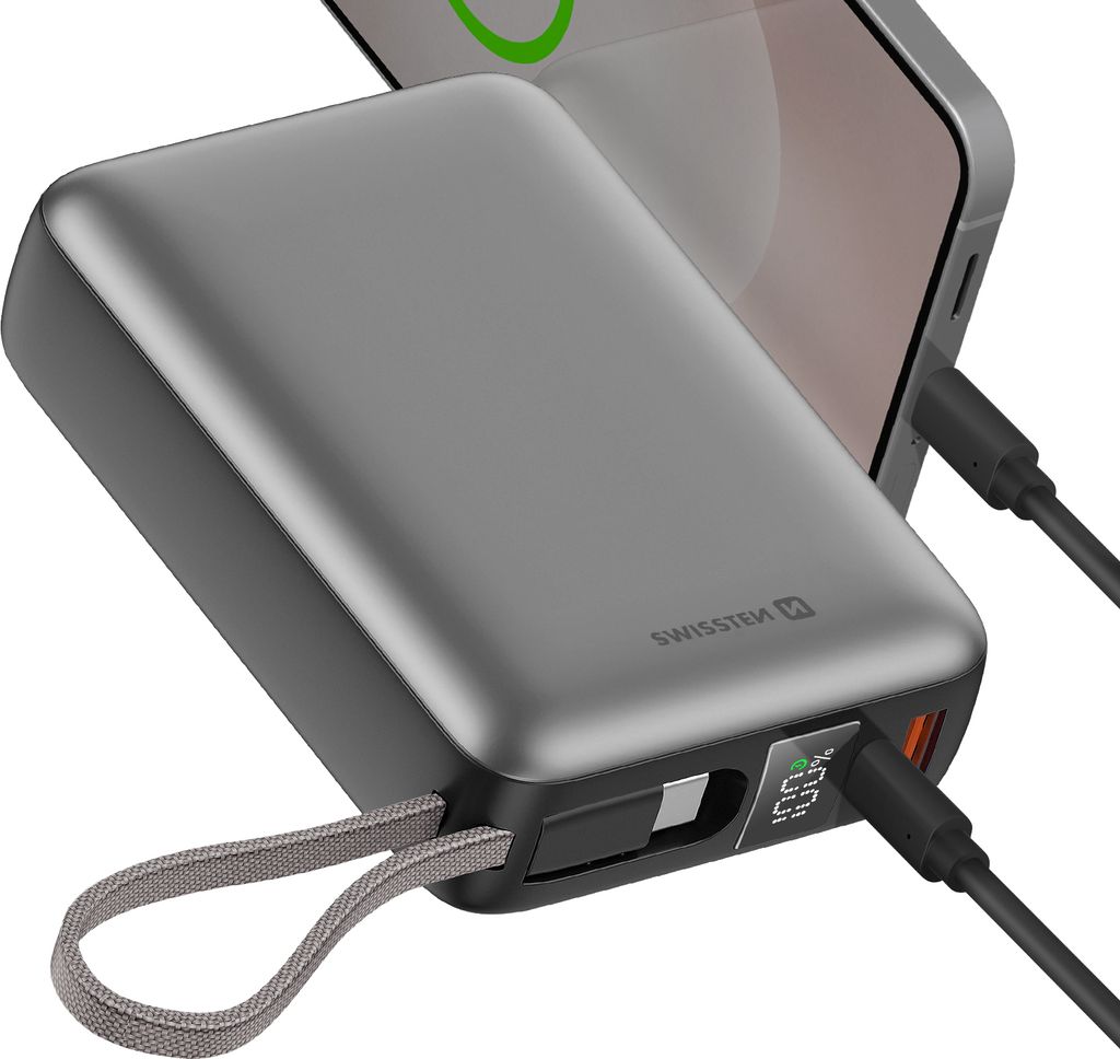 Swissten, Externer Akku 20000mAh 45W mit USB-C-Kabel USB-C und USB-Anschlüsse, Silber