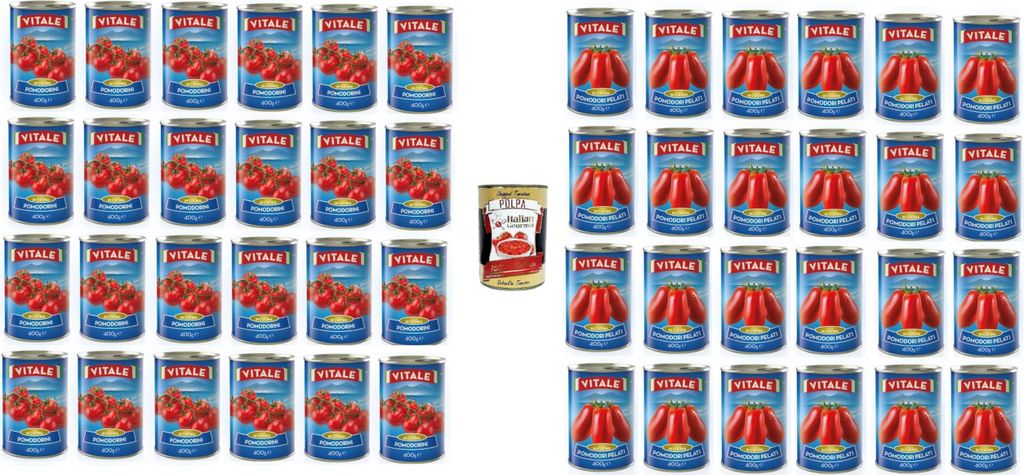 Vitale Testpaket Kirschtomaten in der 400g-Dose 24x 400gr -Geschälte Tomaten 24x 400gr + Italian Gourmet Polpa 400g