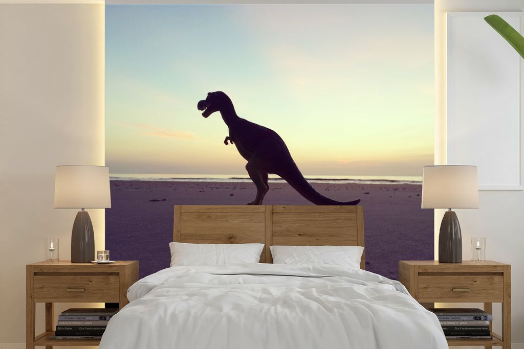 MuchoWow Fototapete für Wohnzimmer oder Schlafzimmer Wandtapete Vinyl Motivtapete Silhouette - Dinosaurier - Strand - 220x220 cm - Tapeten