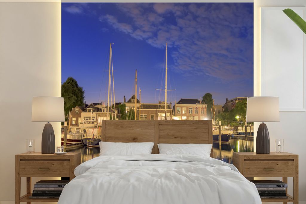 MuchoWow Fototapete für Wohnzimmer oder Schlafzimmer Wandtapete Vinyl Motivtapete Hafen - Boot - Niederlande - 280x280 cm - Hintergrundbild