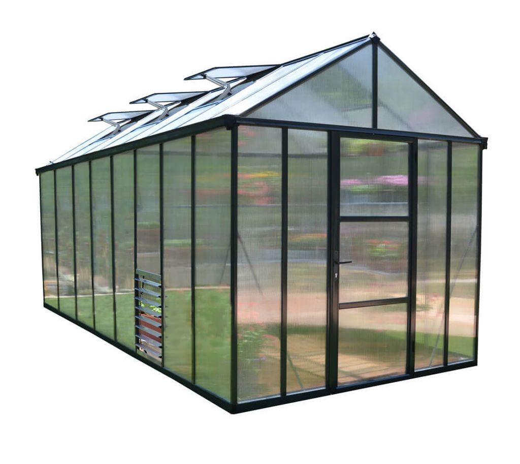 A greenhouse with a black frame and clear panels, set against a white background.