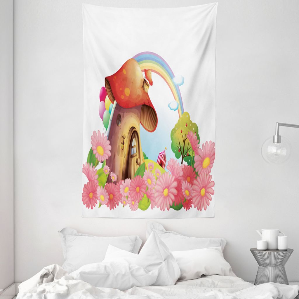 ABAKUHAUS Blumen Wandteppich und Tagesdecke, Pilz-Haus in Garten aus Weiches Mikrofaser Stoff Waschbar ohne Verblassen Digitaldruck, 140 x 230 cm, ...