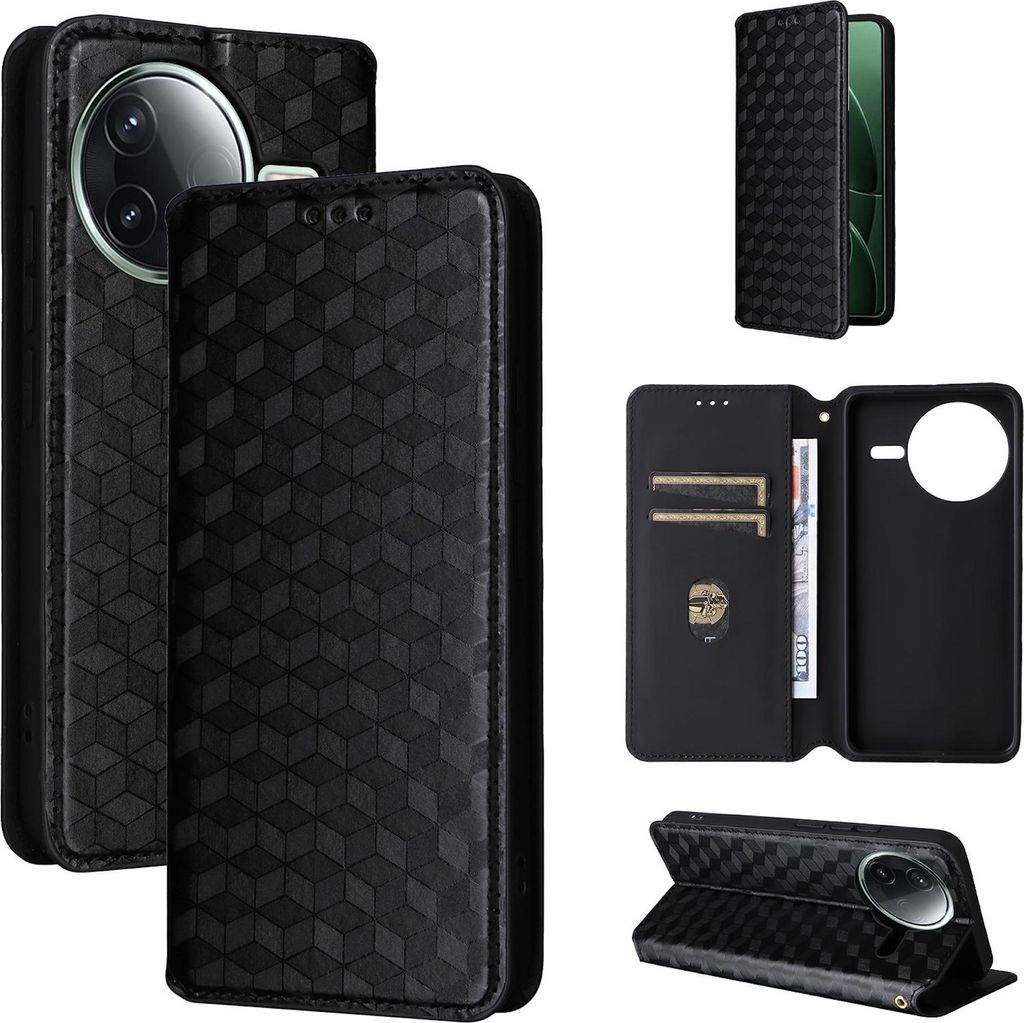 Für Xiaomi Poco F7 Pro / F7 Ultra Cubic Design Kunstleder Wallet Hülle Schwarz