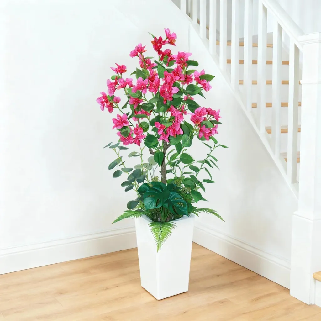 Bougainvillier artificiel rose 1,2m - Lot de 2 avec pots blancs élégants